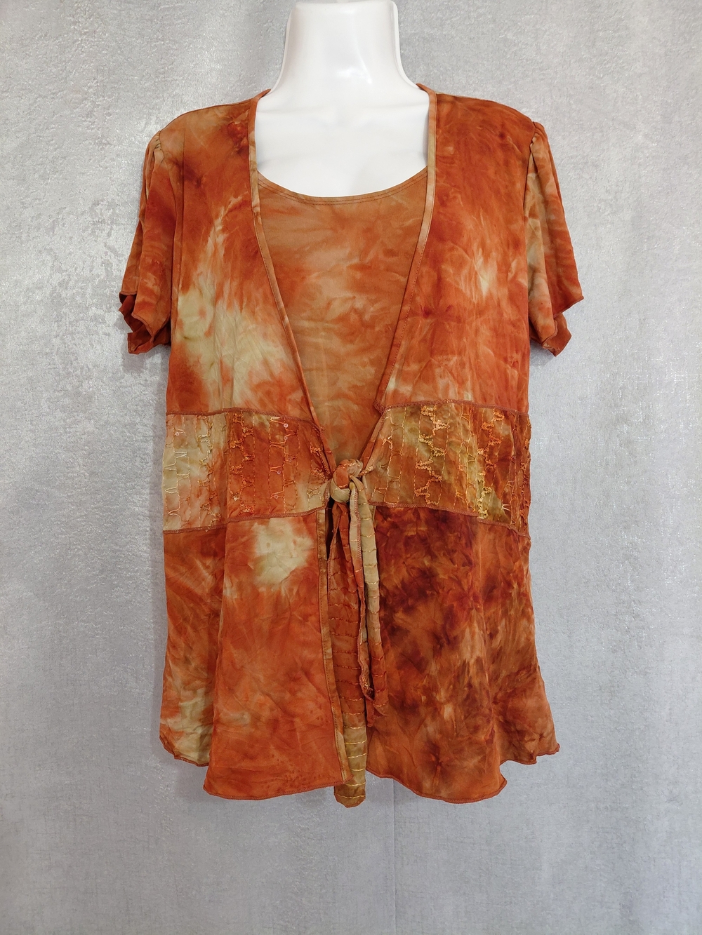 Studio 1940 Tie Dye Layered Look Short Sleeve Rust Orange Tie Front Sz 14/16